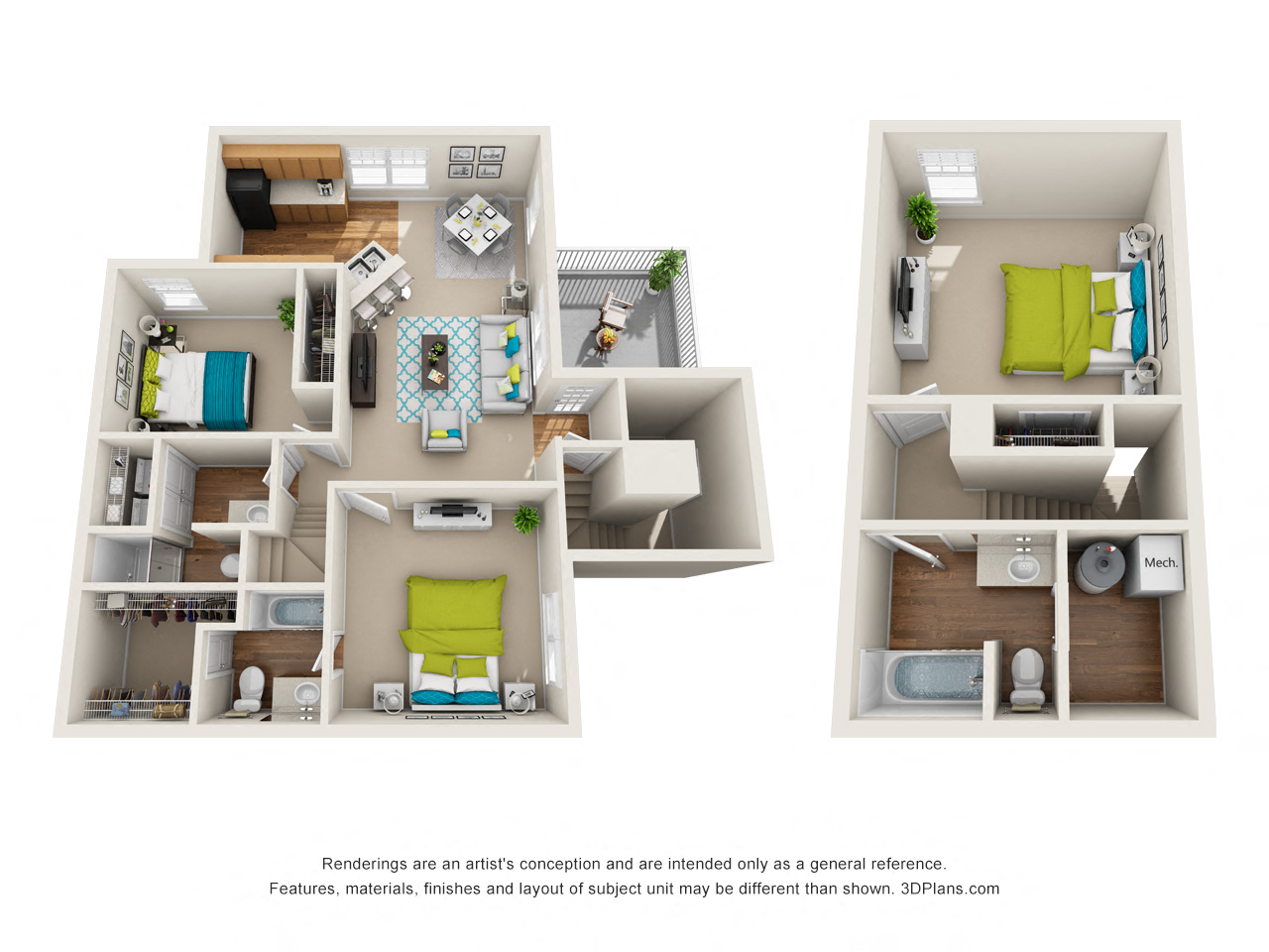 Floor plan for 3 beds, 2.5 baths, 1375 sqft